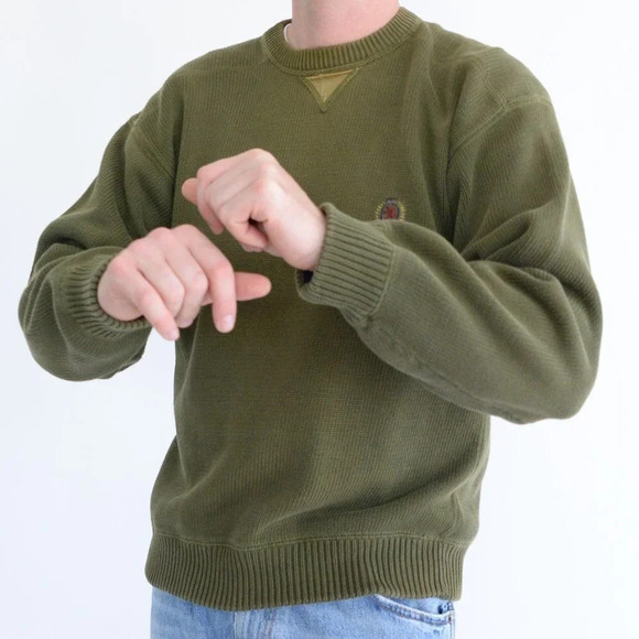 Vintage Y2K Tommy Hilfiger Olive Green  Crewneck Knit Sweater Size Medium - Picture 2 of 13